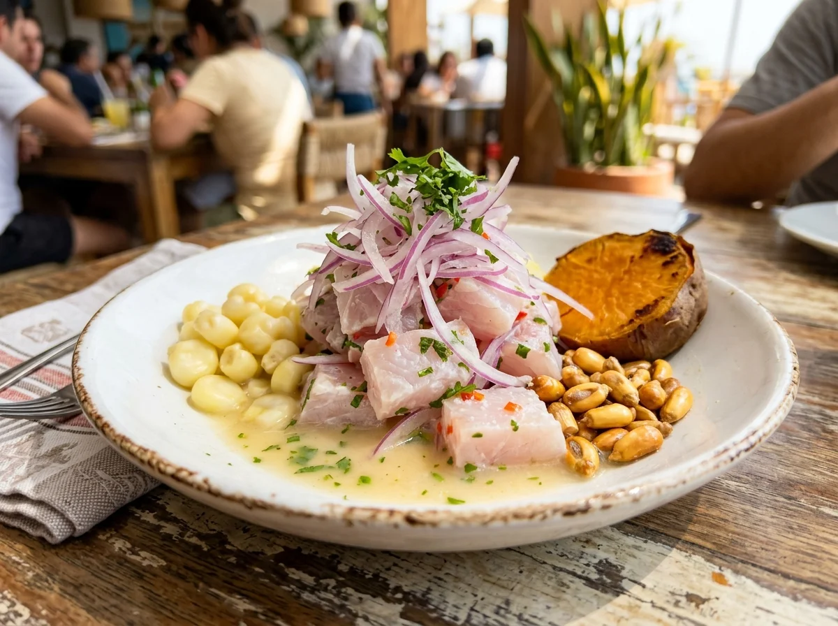 ペルーのセビーチェ。新鮮な白身魚にライムとアヒ・アマリージョで味付け