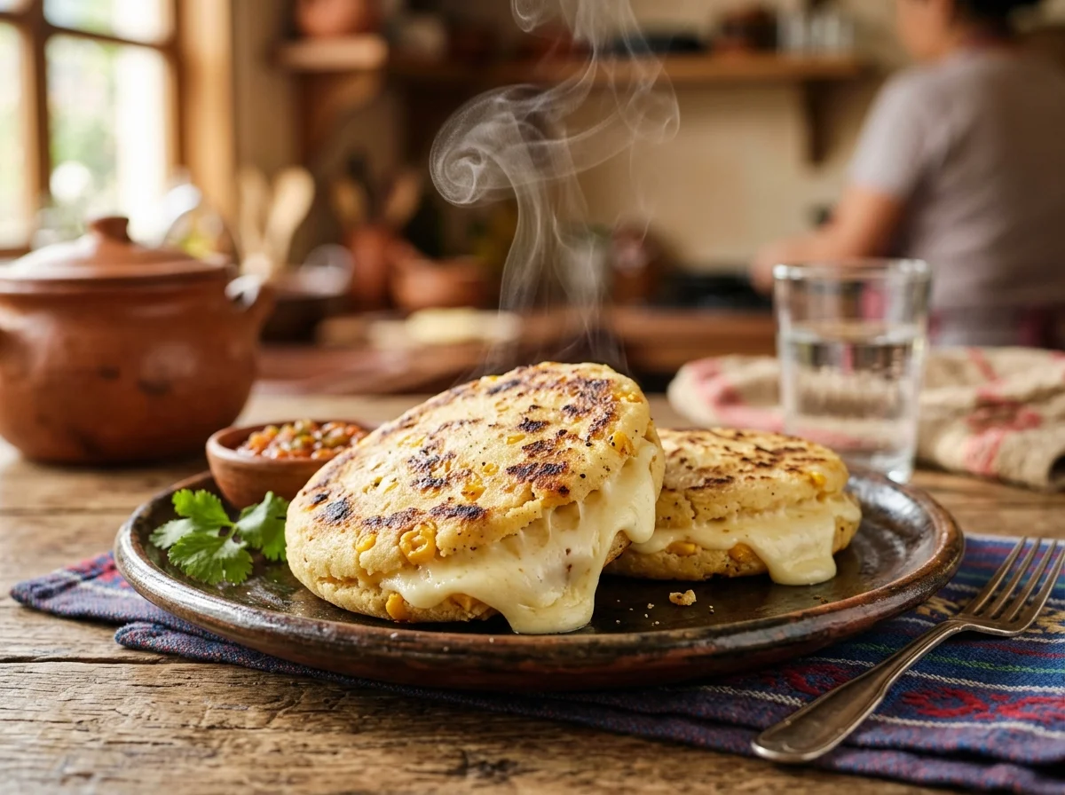 コロンビアのアレパ。黄金色のトウモロコシのパンにチーズが詰まっている