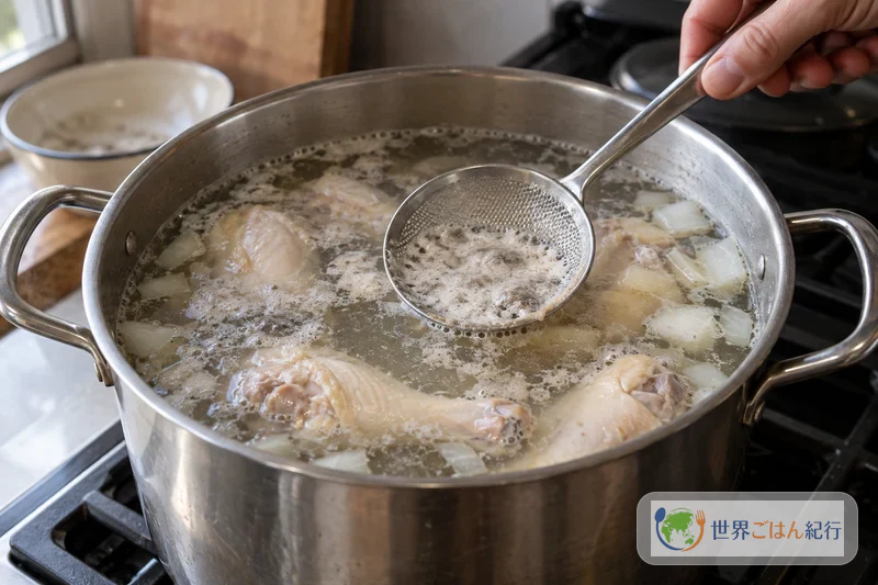 手順3: 玉ねぎと水を加えて鶏を煮る(約20分)