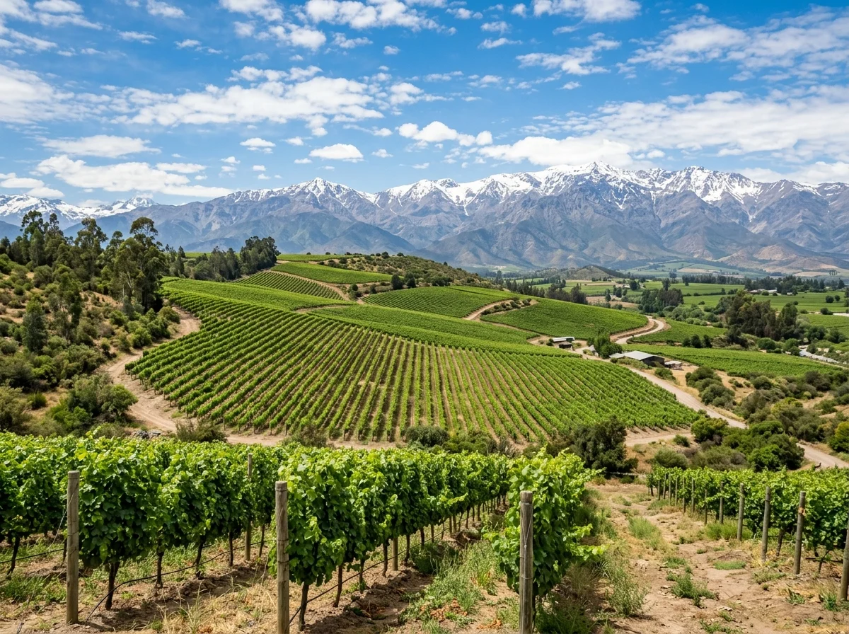 チリのアンデス山脈を背景にしたブドウ畑の風景