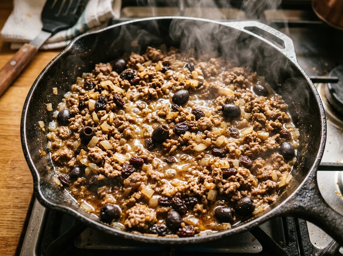 ピノ（肉あん）を作っている。玉ねぎと牛ひき肉にクミンとパプリカが効いた香ばしい一品
