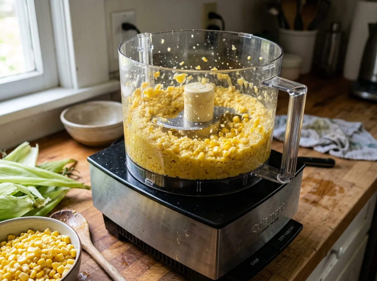 手順3: コーンをすりつぶす（15分） — 生とうもろこし8本の粒を包丁でこそげ取る。フードプロセッサーに入れ、牛乳100mlを加えてペースト状にする。粒感が少し残る程度が理想。完全になめらかにしすぎると焼いたときにベチャッとする。