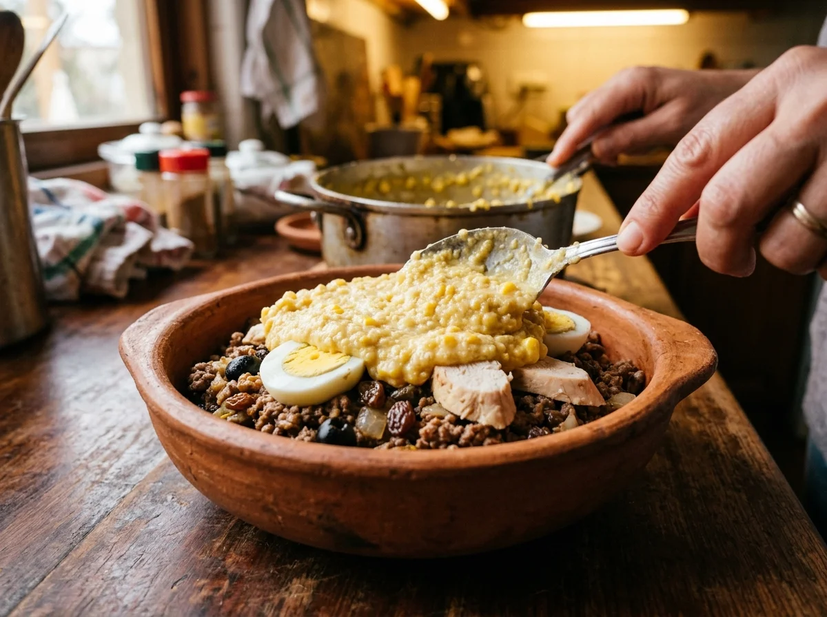 手順5: 器に詰める（10分） — オーブンを200℃に予熱する。耐熱の陶器（直径15cm程度のグラタン皿でOK）にピノを均等に敷く。ほぐした鶏肉を散らし、ブラックオリーブ3個、ゆで卵半分2切れを各器に配置する。その上からコーンペーストをスプーンでたっぷりと被せ、表面を平らにならす。