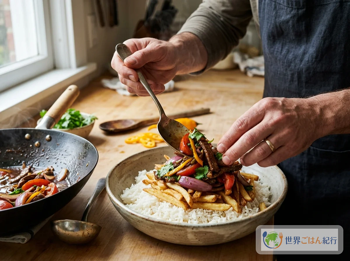 ペルーの黄色い唐辛子ソースを使う料理の盛り付け例