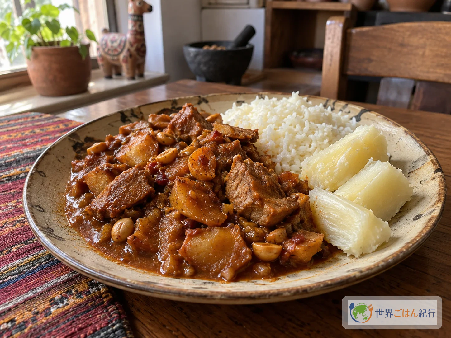 乾燥じゃがいもと豚肉を赤いアヒ・パンカのソースで煮込んだペルー料理カラプルクラ