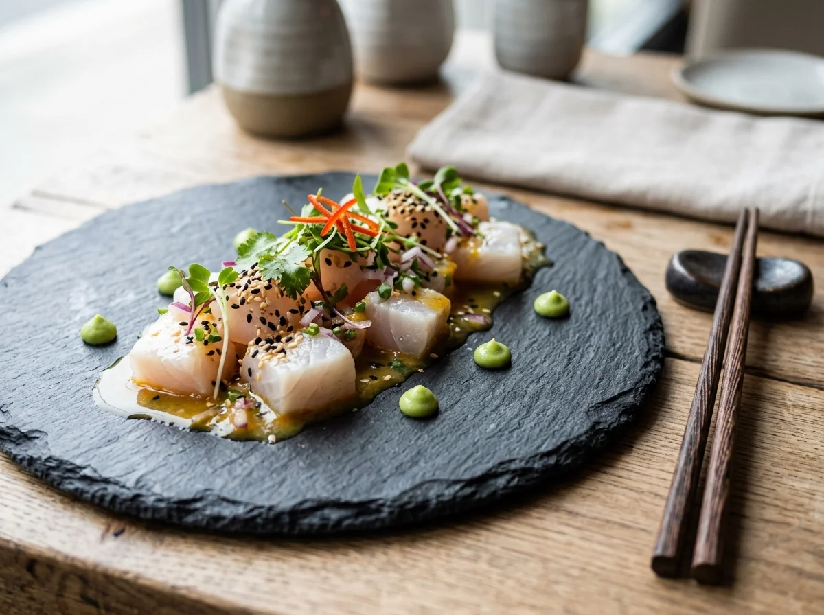 ニッケイ料理を象徴する魚介の一皿。ペルーの唐辛子と日本の刺身技法が重なる