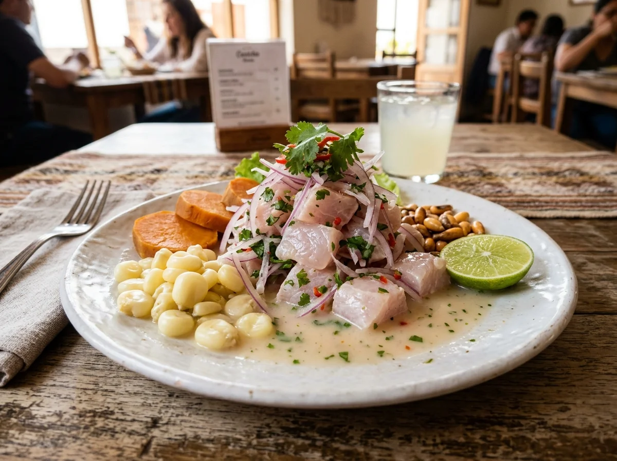 セビーチェ。白身魚のライムマリネにさつまいもとトウモロコシを添えたペルーの国民食