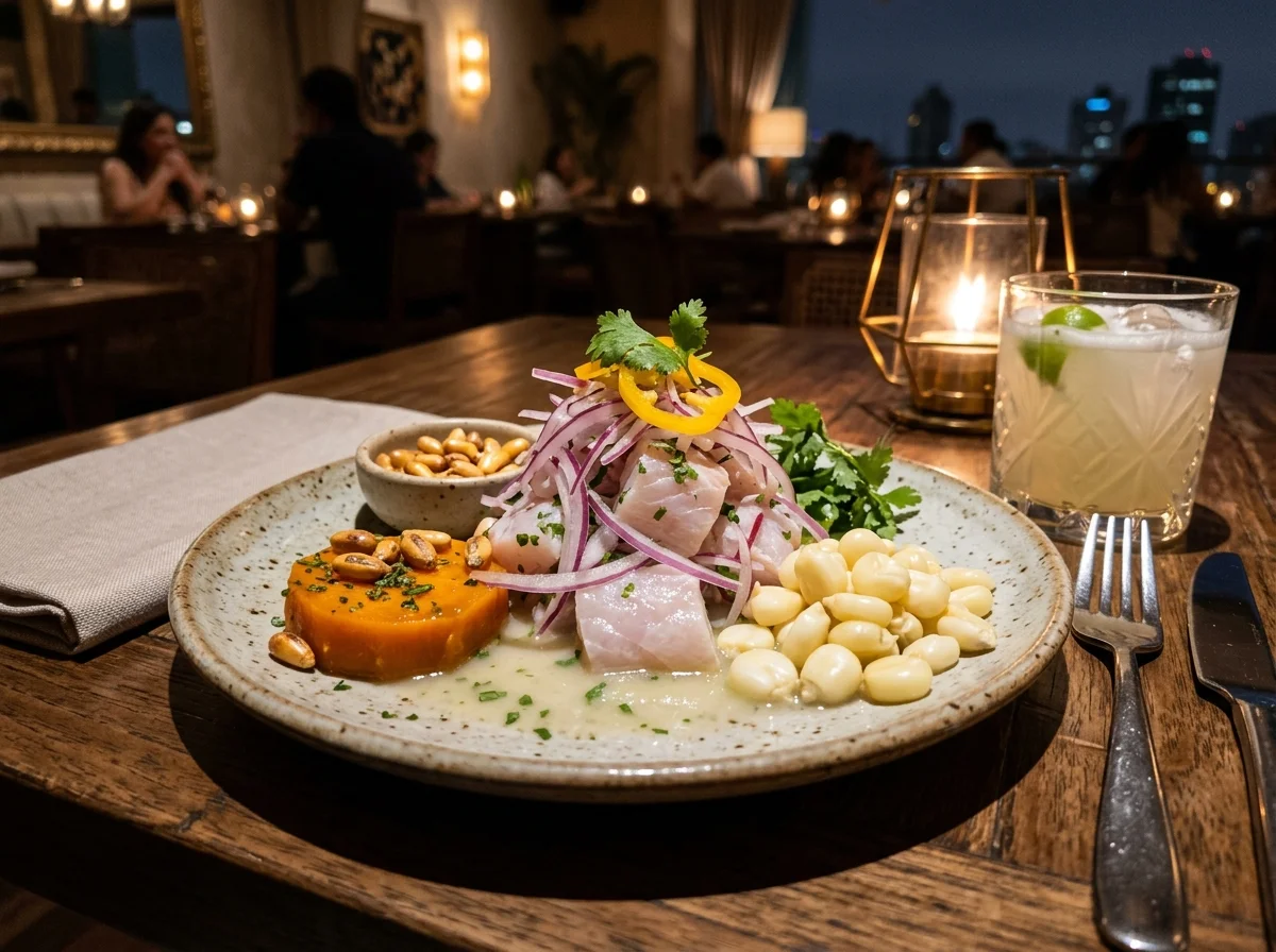 ペルーのセビーチェ。白身魚のライムマリネ、タイガーミルクをかけてさつまいもとトウモロコシを添えた本格的な盛り付け