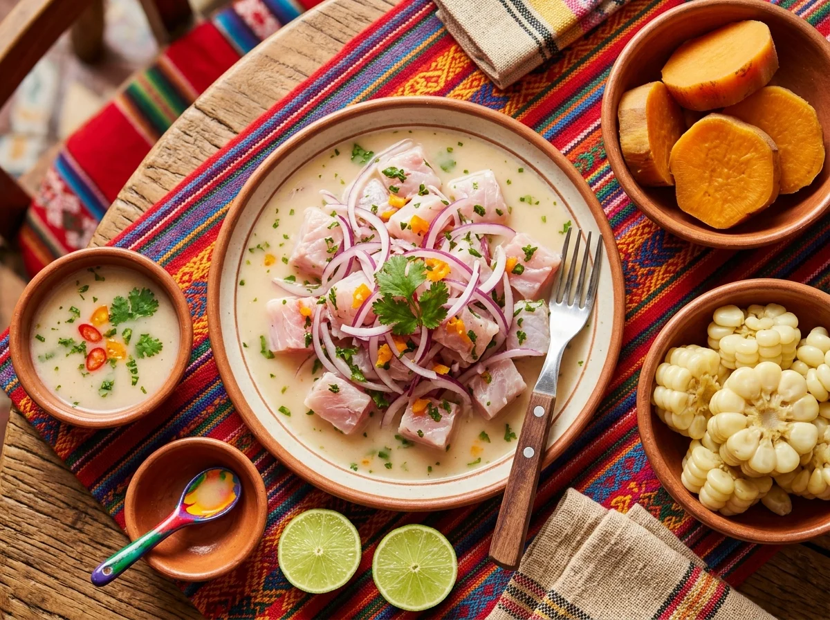 完成したセビーチェの全景。タイガーミルクをかけた白身魚のマリネ、さつまいも、トウモロコシ、パクチー、ライムを添えた本格的なペルー料理の盛り付け