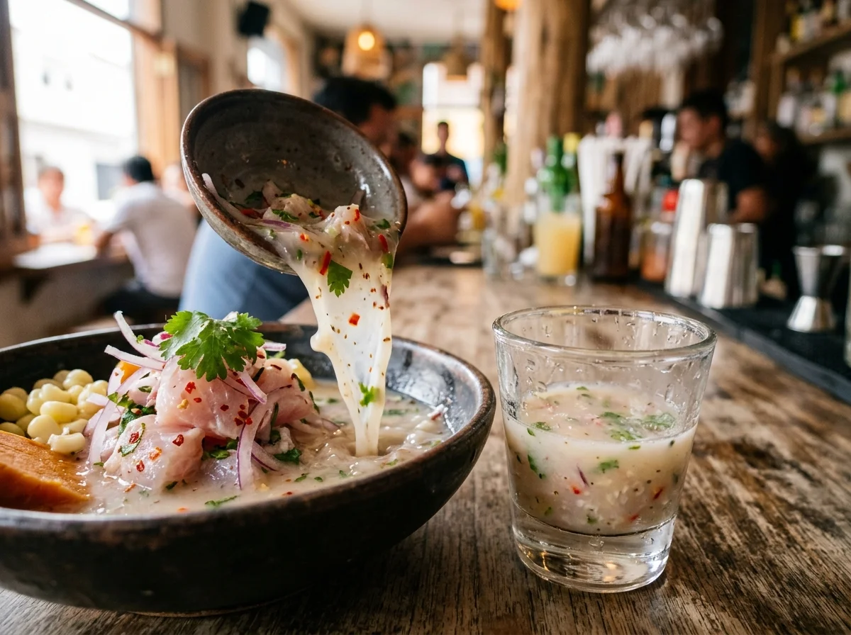 セビーチェのタイガーミルク。魚のうま味とライムが白く乳化した漬け汁