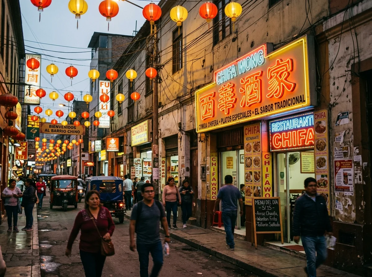ペルーの首都リマの旧市街。チーファ（中華ペルー料理店）の看板が並ぶ通り