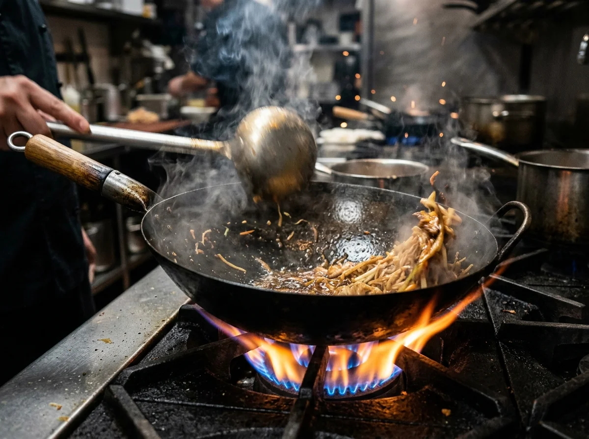 中華鍋で強火で調理している様子。炎が鍋を包んでいる
