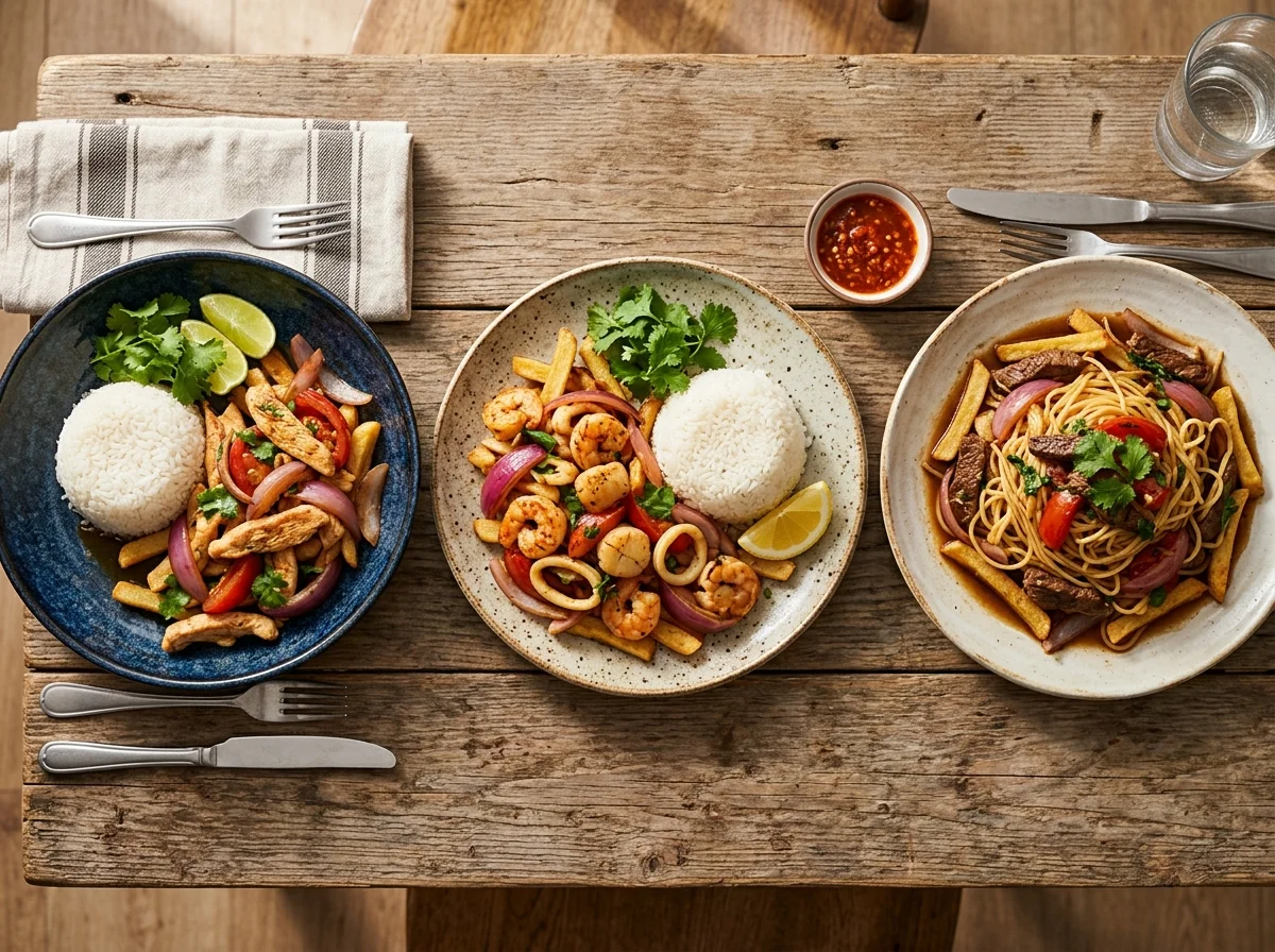 ロモサルタードの材料アレンジ。鶏肉版と海鮮版の盛り付け