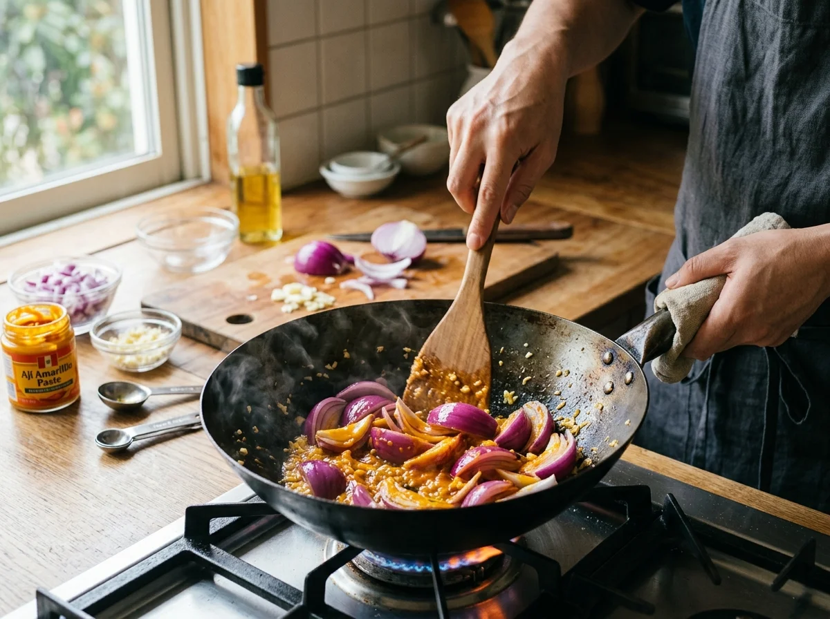 手順2: 牛肉を1cm厚の短冊切りにし、塩・黒こしょう・クミン小さじ1で下味をつける。中華鍋（またはフライパン）にサラダ油大さじ2を入れて煙が出るまで強火で熱し、牛肉を広げて入れる。30秒間触らずに焼き付け、裏返してさらに30秒焼く。鍋から取り出す