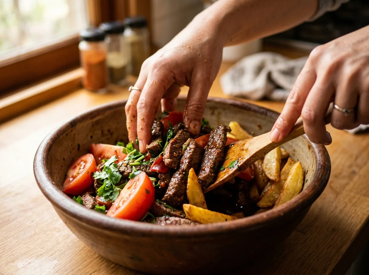 手順3: 同じ鍋にサラダ油大さじ2を足し、紫玉ねぎのくし切りを入れて1分炒める。にんにくのみじん切りを加えて30秒、アヒ・アマリージョペースト大さじ2を加えて30秒炒める