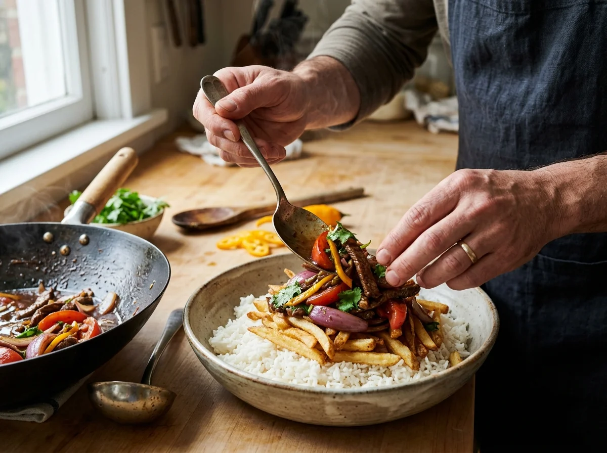手順4: トマトのくし切りを加え、30秒だけ炒める。すぐに醤油大さじ3と赤ワインビネガー大さじ2を鍋肌から回し入れ、牛肉を鍋に戻して全体をざっと和える。フライドポテトの半量を加えてさっと混ぜる。火を止めてパクチーを散らす