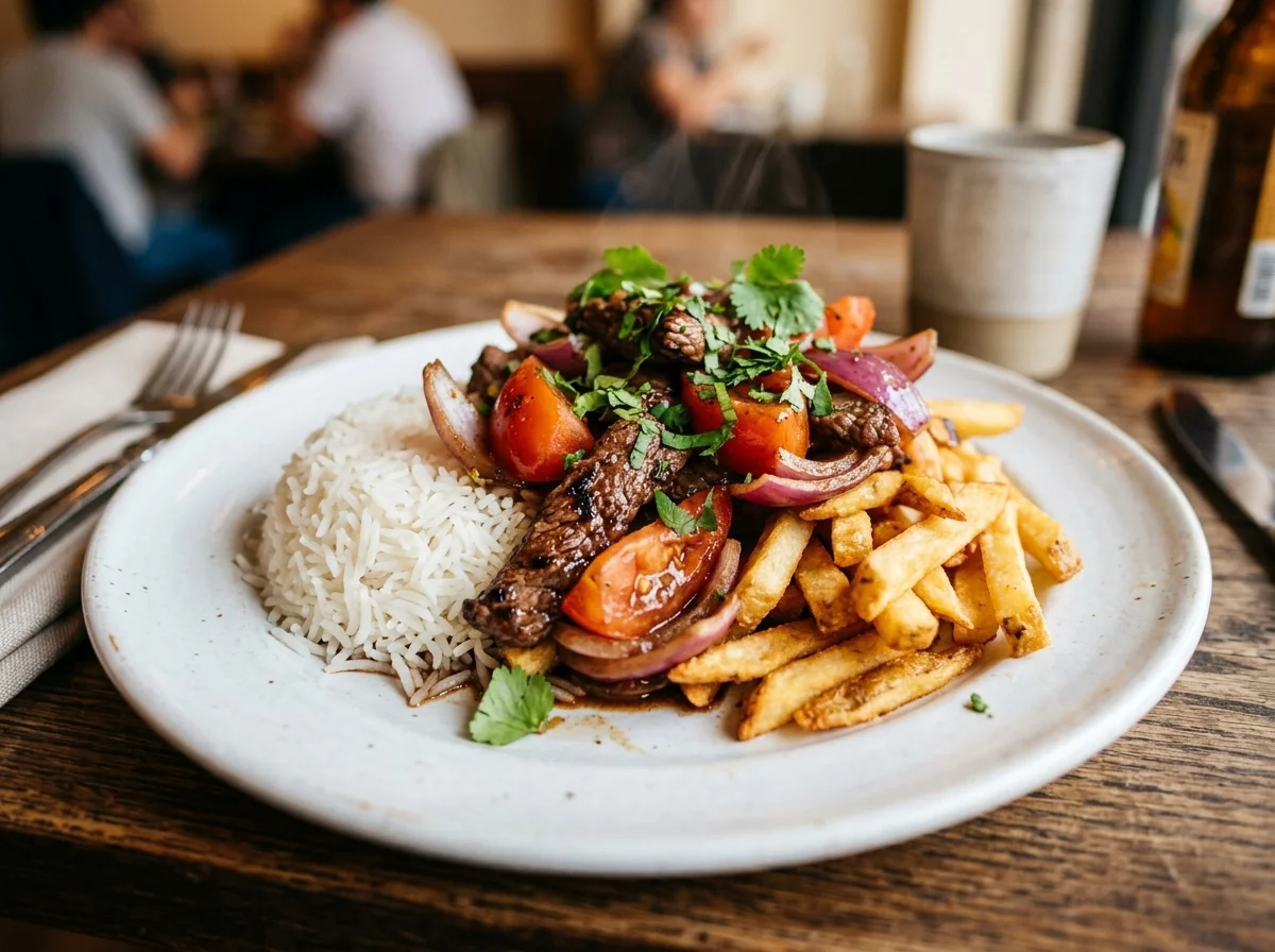 手順5: 皿にごはんを盛り、残りのフライドポテトを添え、その上に炒めた具材をたっぷりと盛る。鍋に残ったソースを回しかけ、パクチーとアヒ・アマリージョの輪切りを飾る