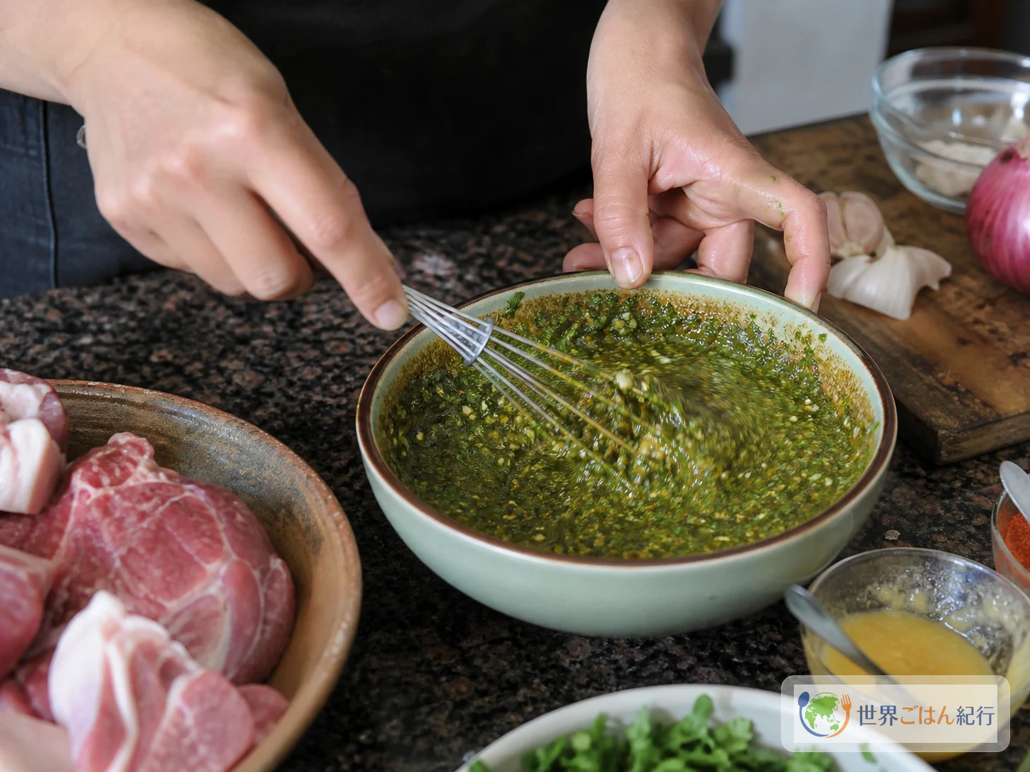 手順1: 香草だれを作り、肉を漬ける