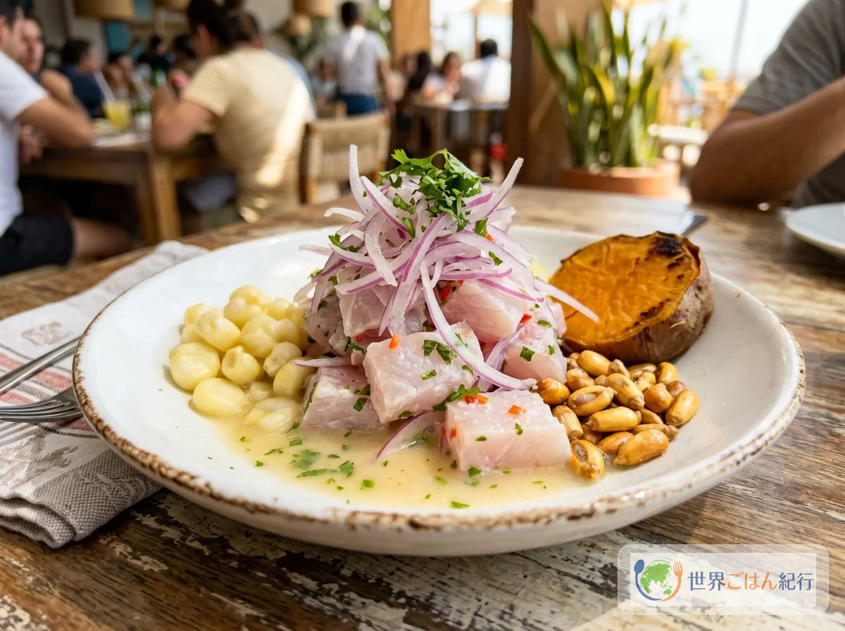 A table around Peruvian ceviche, with lime and corn alongside