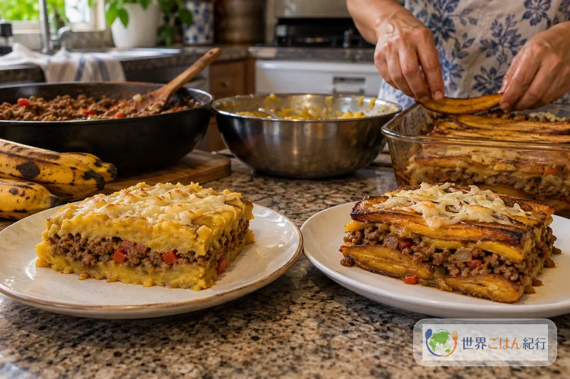 つぶしたプランテンで作るパステロンと薄切りで作るパステロンの比較