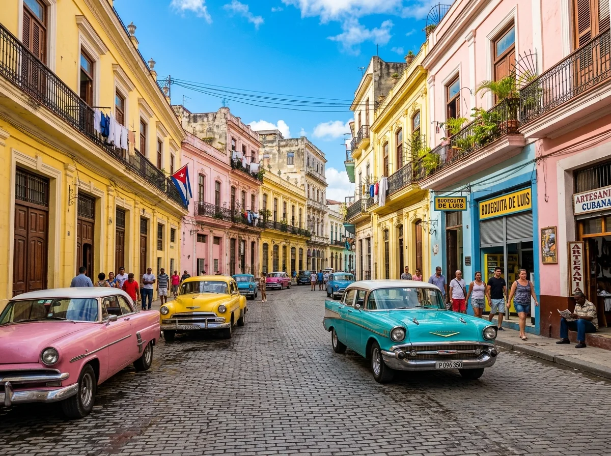 キューバの海岸沿いの街並みとクラシックカー