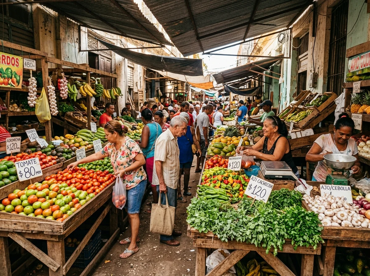 ハバナ旧市街の市場の風景。色とりどりの野菜やスパイスが並ぶ