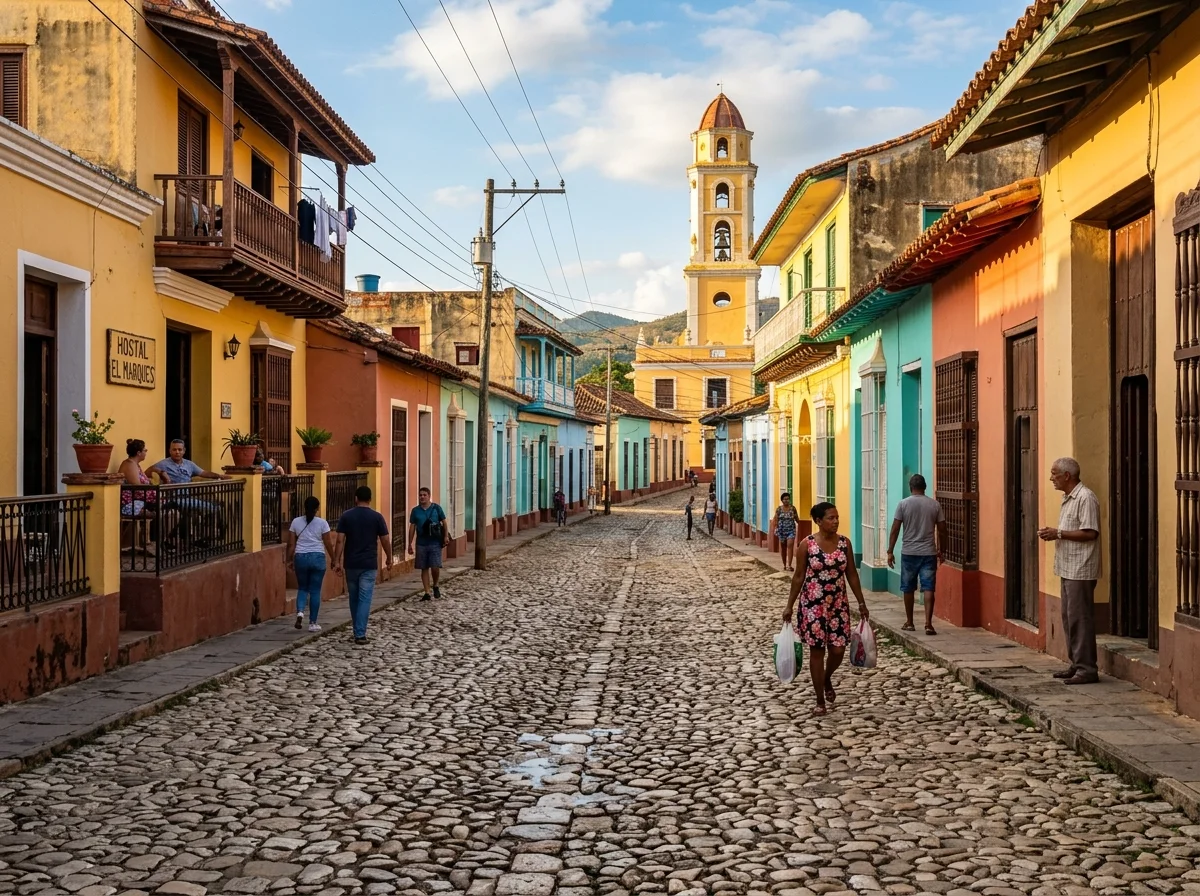 キューバのトリニダー旧市街の石畳の通り
