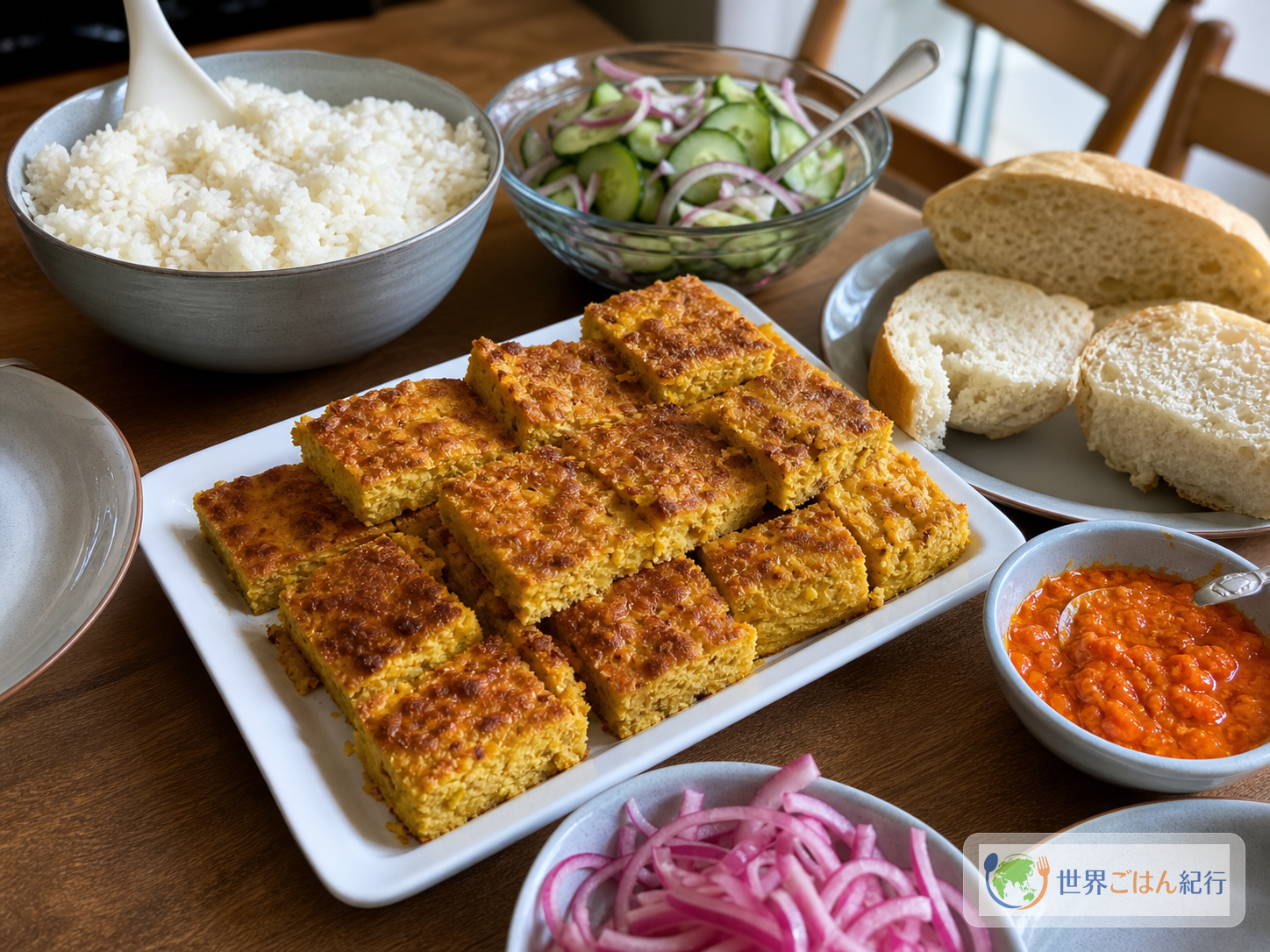 切り分けたポムを白いご飯、きゅうりと赤玉ねぎの浅漬け、パン、辛味ソースと並べた食卓