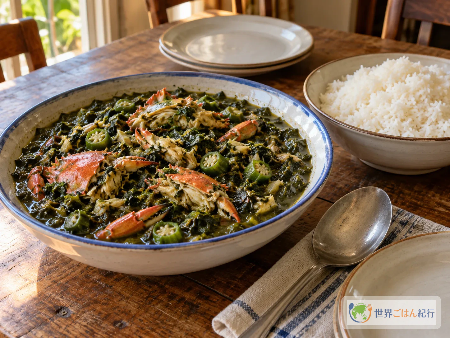 炊いたご飯に濃いカラルーをかけ、蟹の身とオクラを添えたトリニダード・トバゴの食卓