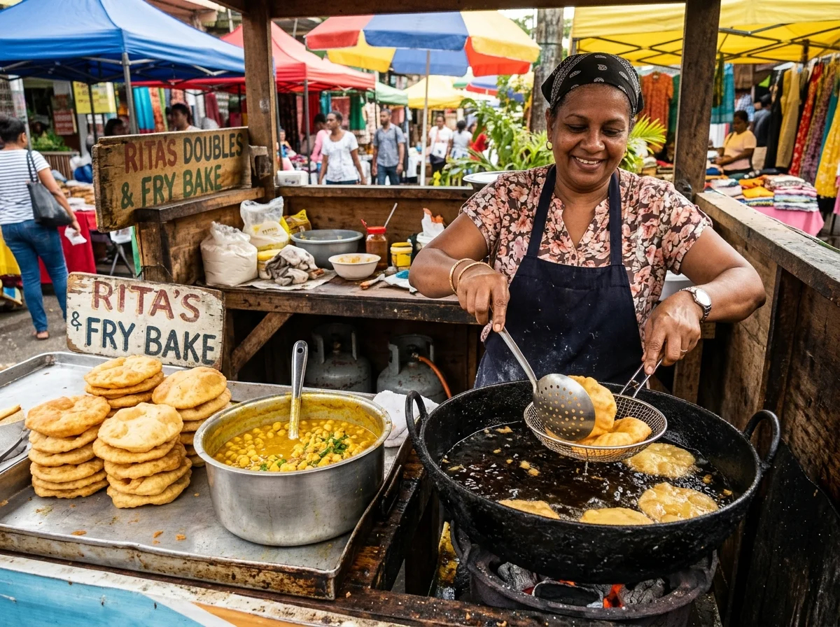 カリブ海の屋台でダブルスが売られている様子