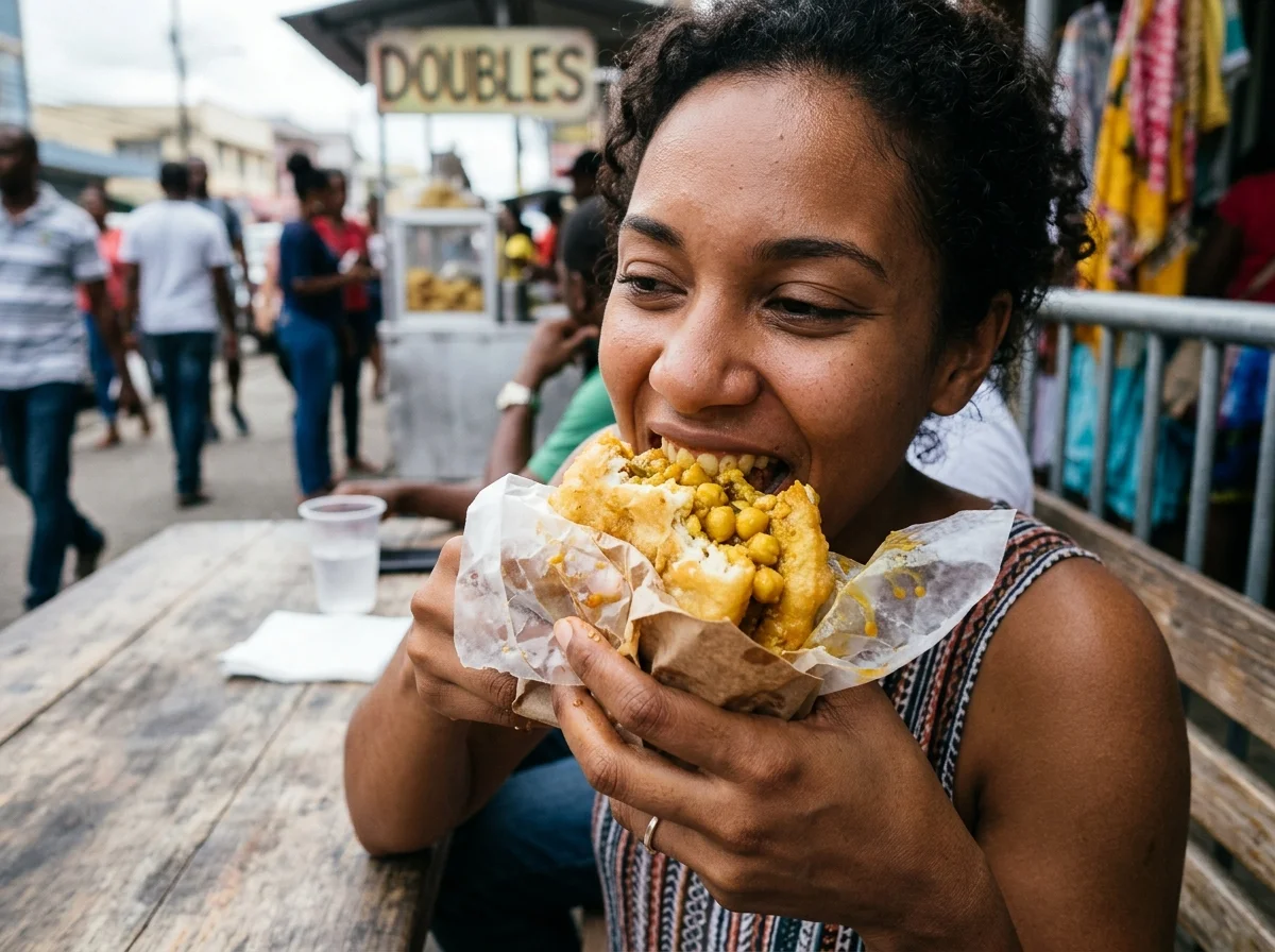 出来上がったダブルスをかぶりついている様子