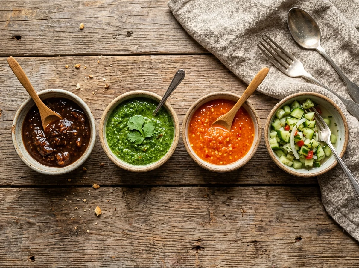 ダブルスと付け合わせのチャツネやペッパーソースが並んでいる様子