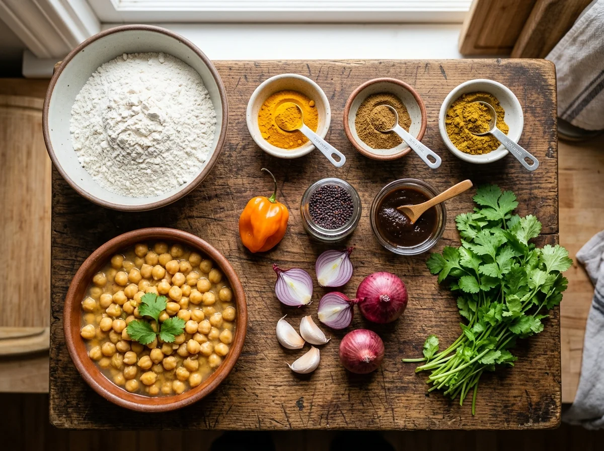 ダブルスの材料が揃ったキッチンの全景。スパイス、ひよこ豆、小麦粉が並ぶ