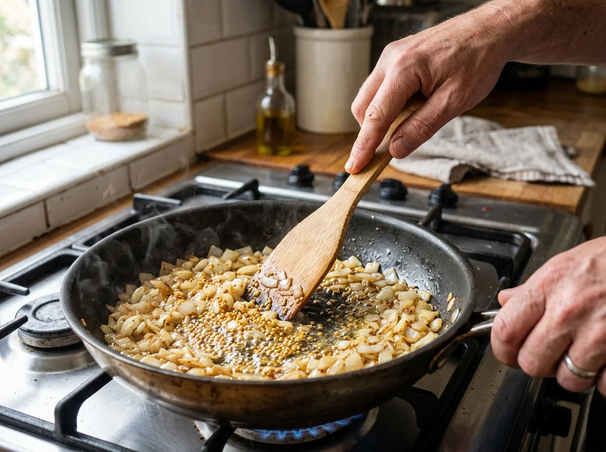 手順1: 鍋にサラダ油大さじ2を中火で熱する。マスタードシード小さじ1/2を入れ、パチパチと弾けるまで約30秒加熱する。弾け始めたらすぐに玉ねぎのみじん切りを加え、きつね色になるまで5-6分炒める。焦がさないように注意。