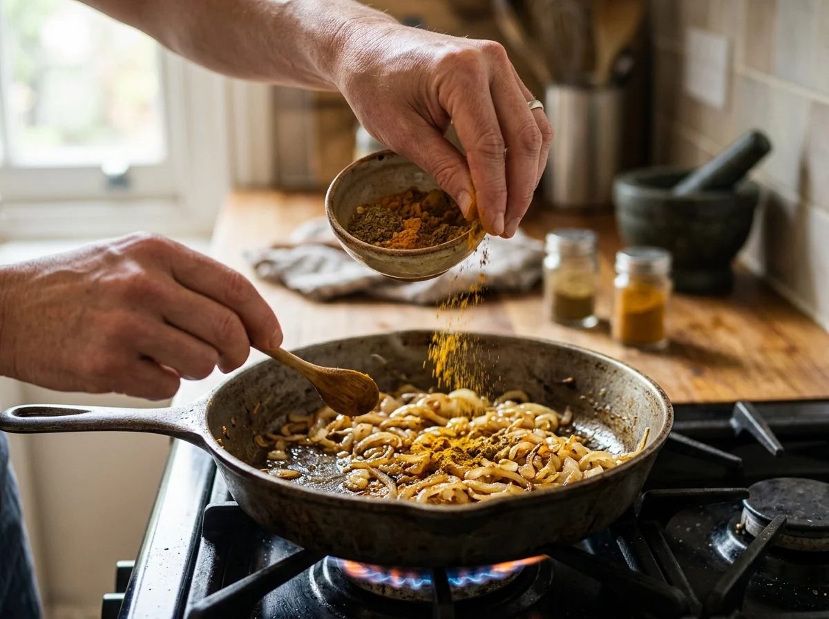 手順2: にんにくのみじん切り4片分を加え、香りが立つまで1分炒める。ここにターメリック小さじ1、クミンパウダー小さじ1、コリアンダーパウダー小さじ1、カレー粉大さじ1を一度に加える。スパイスが焦げないように30秒だけ炒め合わせる。油とスパイスがなじんでペースト状になればOK。