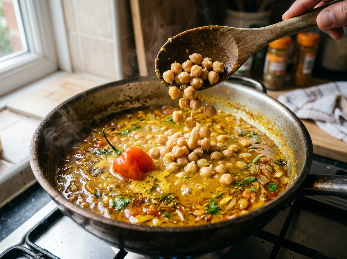 手順3: ひよこ豆の水煮（水を切らずにそのまま）を鍋に加え、水150mlを足す。スコッチボネットペッパー1個を丸ごと入れる（種を出すと辛さ控えめになる）。塩小さじ1を加え、全体を混ぜたら弱火にして蓋をし、20分煮込む。