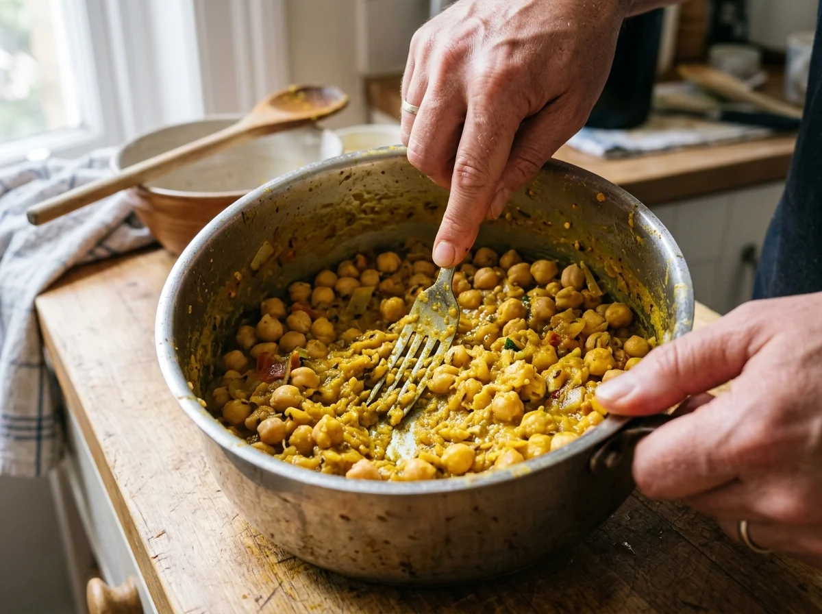 手順4: 20分後、ひよこ豆の半量をフォークの背で粗く潰す。全部は潰さない。粒の残った食感と潰れたペースト状の部分が混在するのがダブルスのチャナの特徴。水分が多すぎる場合は蓋を取って5分煮詰める。仕上がりは「カレーというよりペーストに近い粘度」が正解。バラに挟んだときに流れ落ちない程度の固さを目指す。