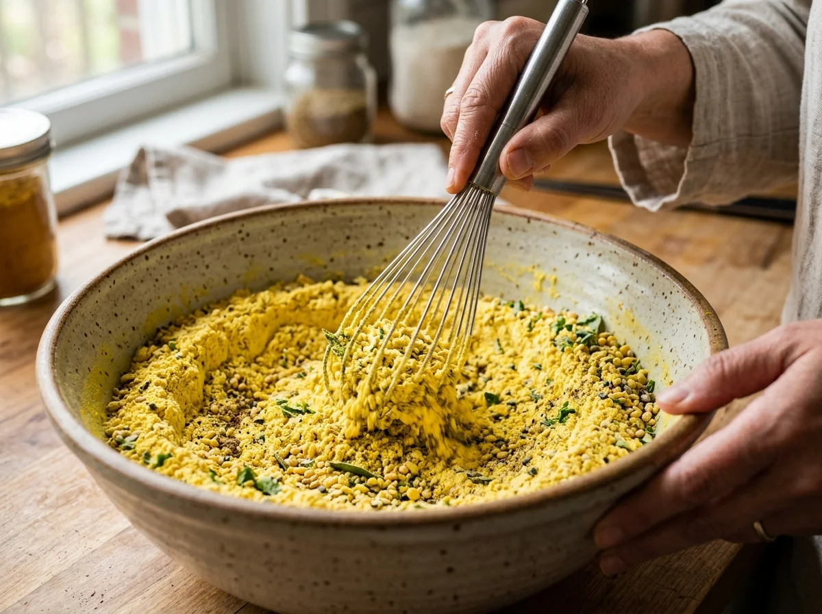 手順5: 大きなボウルに中力粉300g、ターメリック小さじ1、クミンパウダー小さじ1/2、砂糖大さじ1、塩小さじ1/2、ドライイースト小さじ1を入れ、泡立て器で混ぜる。粉類の中にターメリックの黄色が均一に広がるまで混ぜ合わせる。