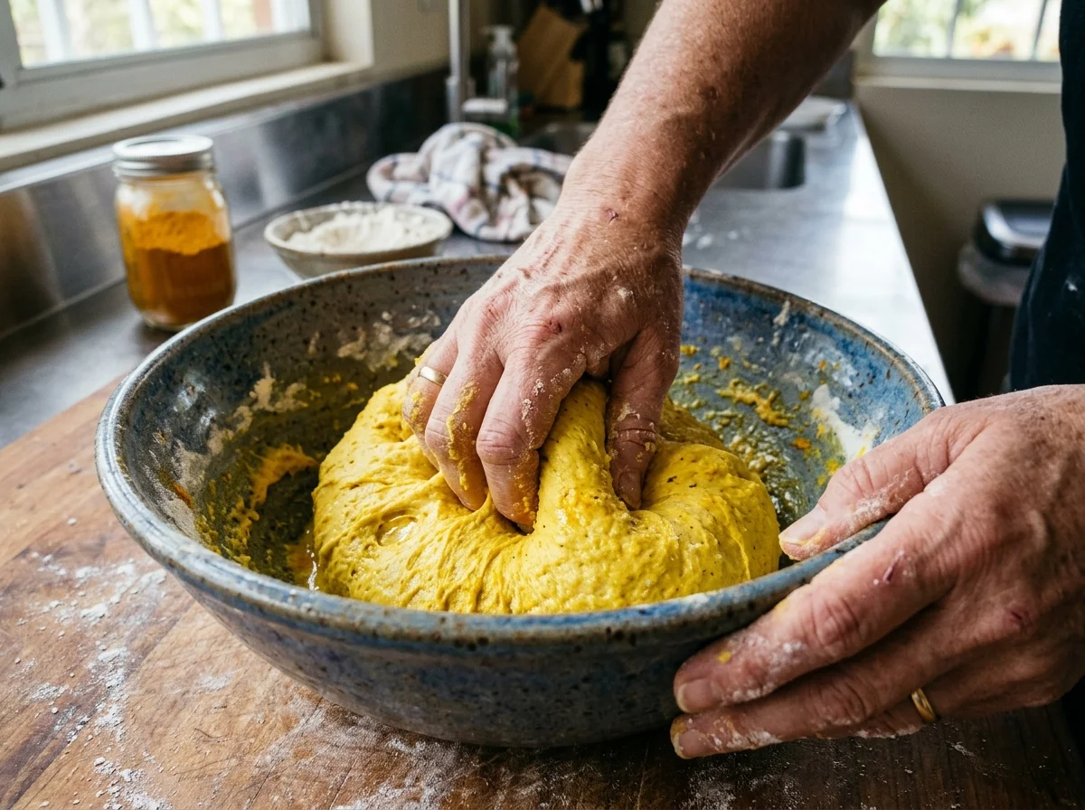手順6: ぬるま湯200ml（38-40度）を少しずつ加えながら、木べらで混ぜる。ある程度まとまったら手でこねる。5分間こねて、表面が滑らかになればOK。生地はやや柔らかめでベタつく程度が正解。硬すぎる場合は水を大さじ1ずつ足す。ラップをかけて温かい場所で1時間発酵させる。