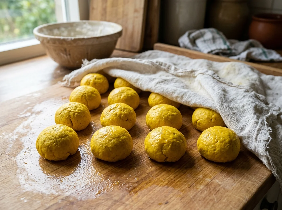 手順7: 1時間後、生地が2倍に膨らんでいることを確認する。手に油を塗り、生地を16等分する（ダブルス8個分×2枚）。ゴルフボールより一回り大きいサイズ。丸めて並べ、濡れ布巾をかけて10分休ませる。