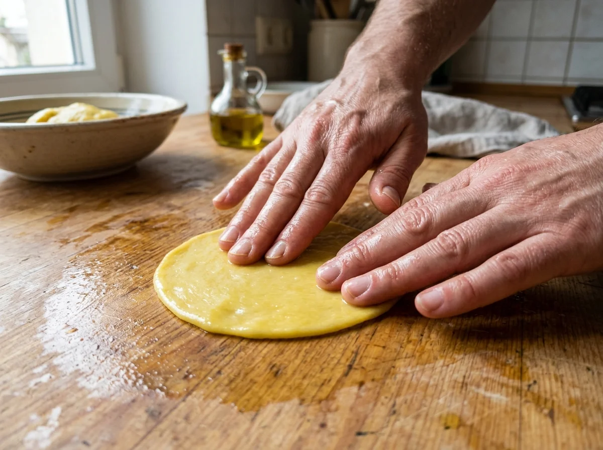 手順8: 鍋にサラダ油を3cm深さまで入れ、175度に熱する。菜箸を入れて細かい泡がシュワシュワ出れば適温。油を塗った手で生地を直径10-12cmの円形に薄く伸ばす。麺棒は使わない。手のひらで押し広げるのがトリニダード流。