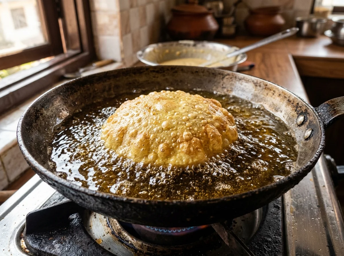 手順9: 伸ばした生地を175度の油にそっと滑り入れる。約15秒で生地が浮き上がり、ぷっくりと膨らむ。裏返してさらに15秒。両面が黄金色になったら引き上げ、キッチンペーパーの上で油を切る。揚げ時間は合計30秒。長すぎると硬くなる。 残りの生地も同様に揚げる。