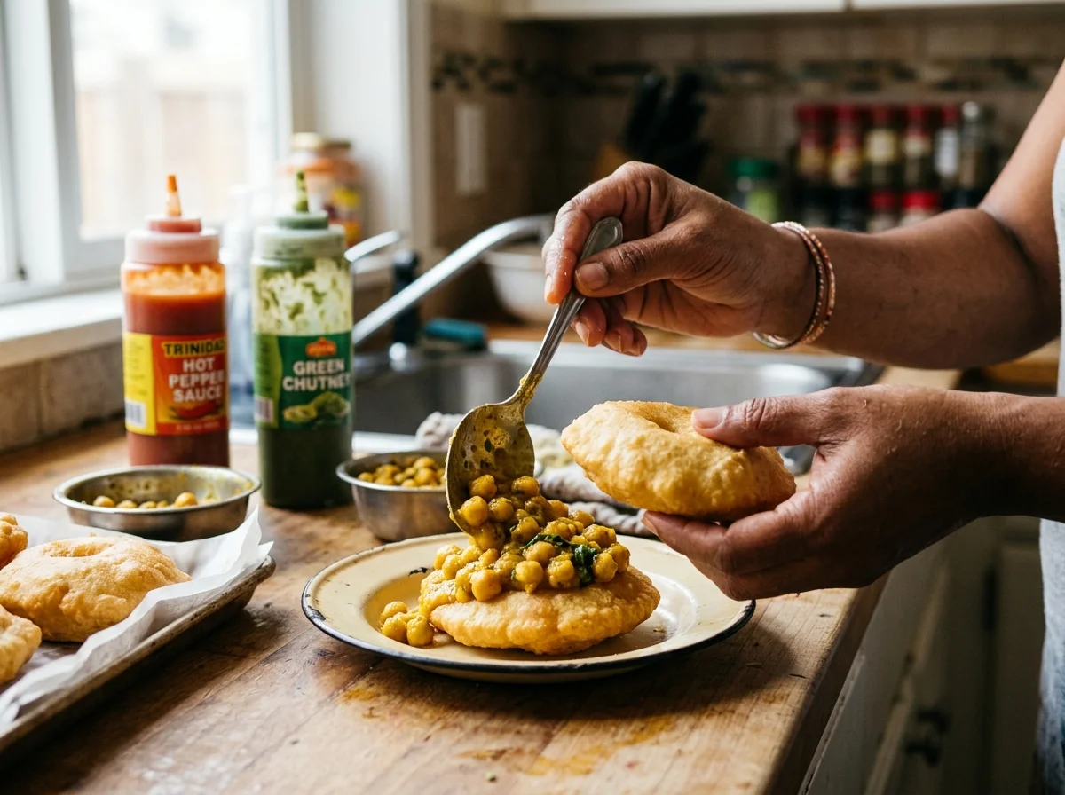 手順10: バラを1枚手のひらに載せ、その上にチャナを大さじ3-4たっぷりのせる。タマリンドチャツネを小さじ1、コリアンダーチャツネを小さじ1かけ、ペッパーソースをお好みで振る。もう1枚のバラを上にかぶせて完成。トリニダードの屋台ではワックスペーパーに載せて手渡されるのが一般的（*Caribbean Beat Magazine*, 2022）。