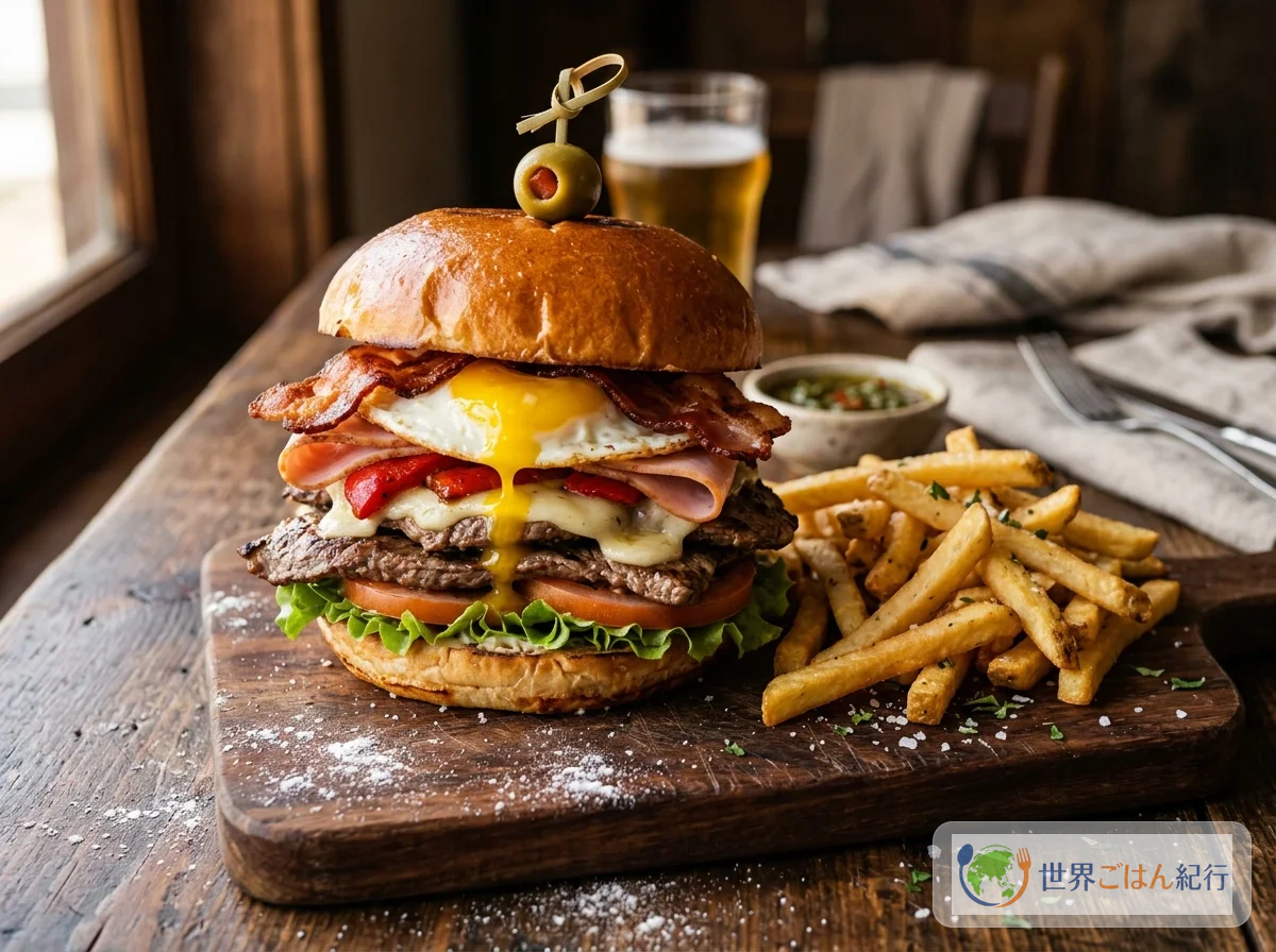 ウルグアイの国民食チヴィトー。薄切りビーフステーキ、目玉焼き、ハム、モッツァレラチーズ、トマト、レタスが層になったバンズサンドイッチがフライドポテトと共に木の板に盛られている