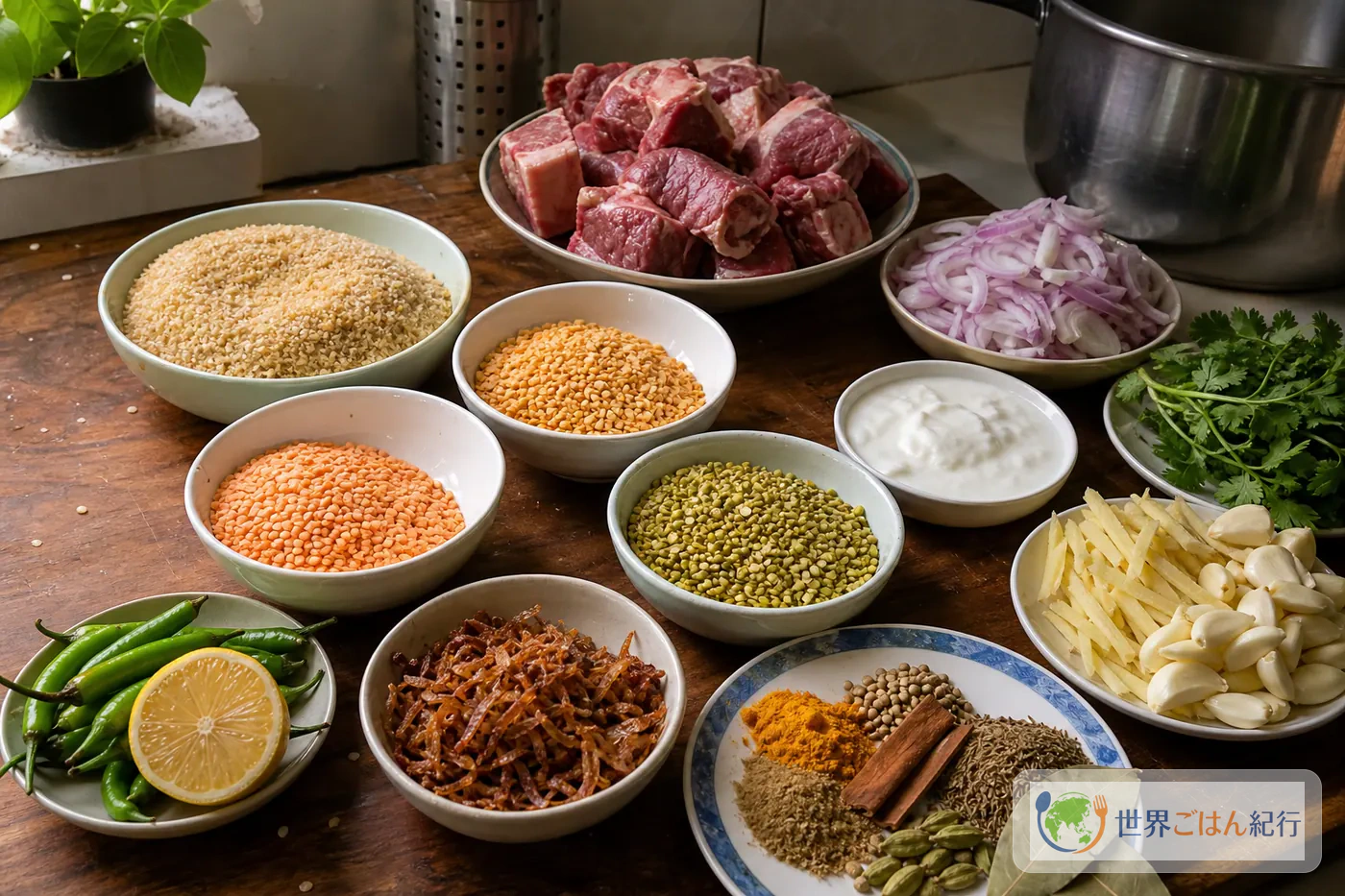 ハリームに使う骨付き牛肉、割り小麦、豆、玉ねぎ、薬味、スパイス