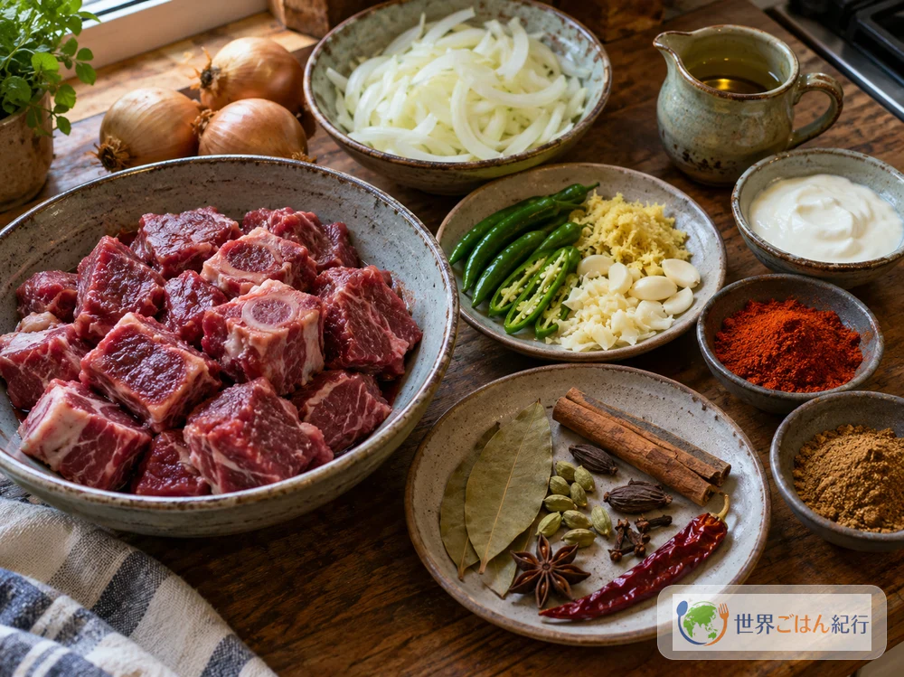 カラ・ブナの材料の牛すね肉、玉ねぎ、青唐辛子、しょうが、にんにく、ヨーグルト、マスタードオイル、ホールスパイス