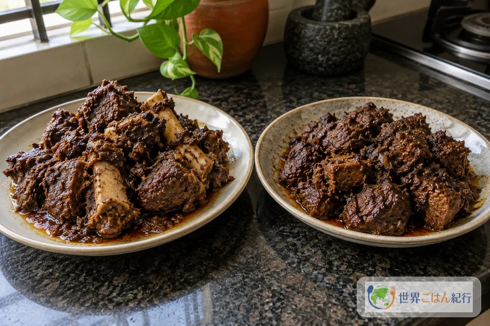 羊肉で作ったカラ・ブナと、牛肉のカラ・ブナを並べた皿