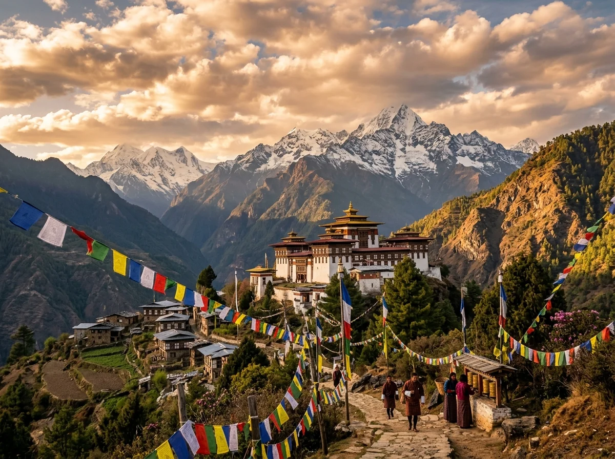 ヒマラヤの山々を背景にしたブータンの風景