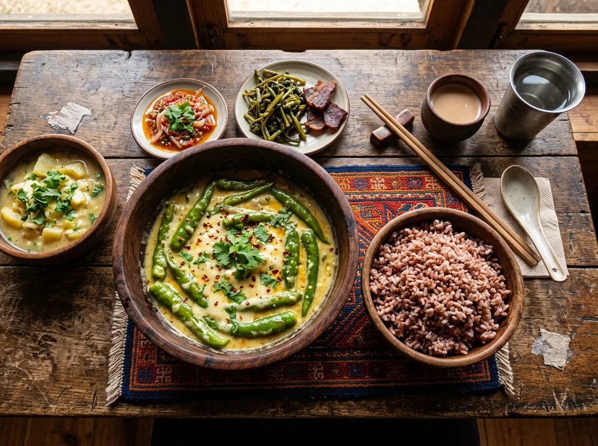 ブータンの食卓。赤米とエマ・ダツィが並んでいる