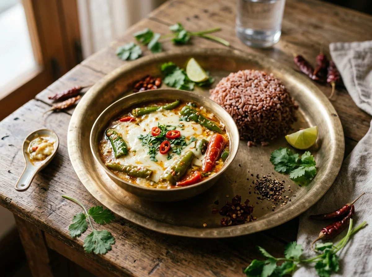 ブータンの国民食エマ・ダツィ。緑唐辛子がとろりとしたチーズソースに包まれている